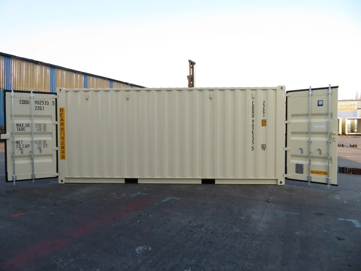 A beige double door container is shown with its doors open at both ends, showcasing its easy access design.