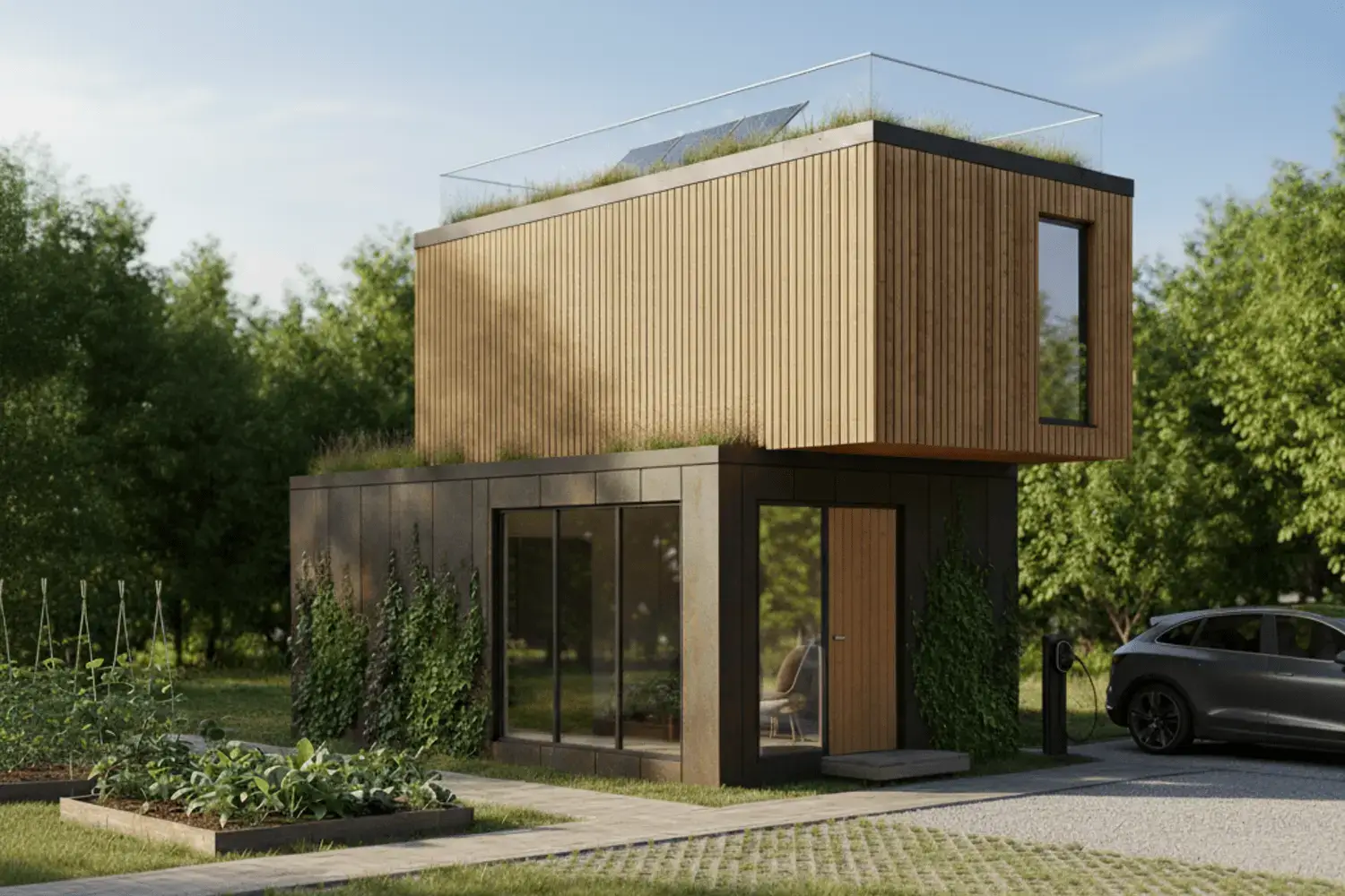 A realistic rendering of a modern, eco-friendly modular housing complex, showing multi-story buildings made from wood and metal modules with green roofs and solar panels.