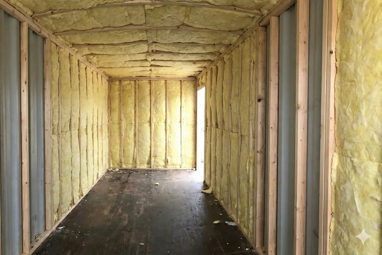 Interior view of a shipping container with wooden stud framing and yellow fiberglass batt insulation installed throughout the walls and ceiling.