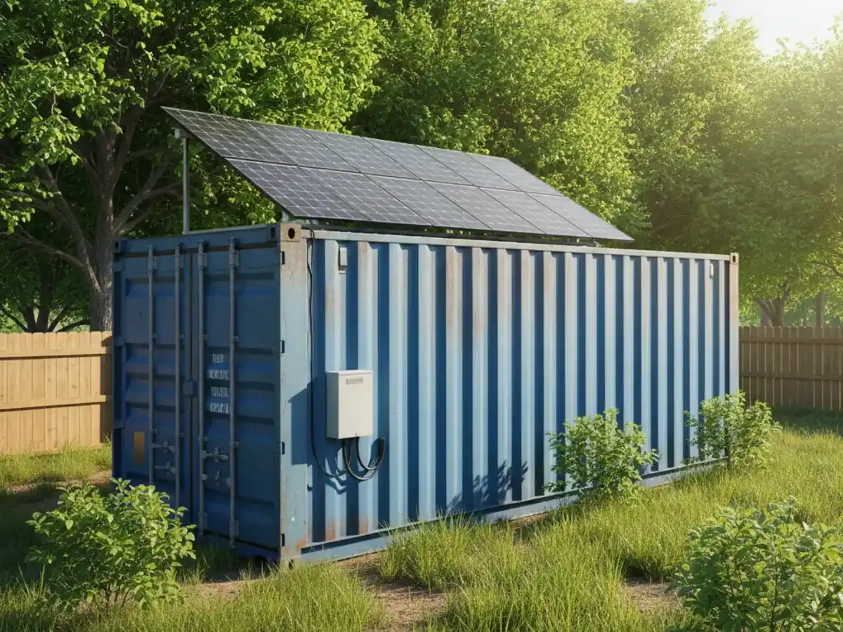 A realistic blue industrial shipping container equipped with a solar panel array on its roof, situated in a dry desert landscape during a vibrant sunset.