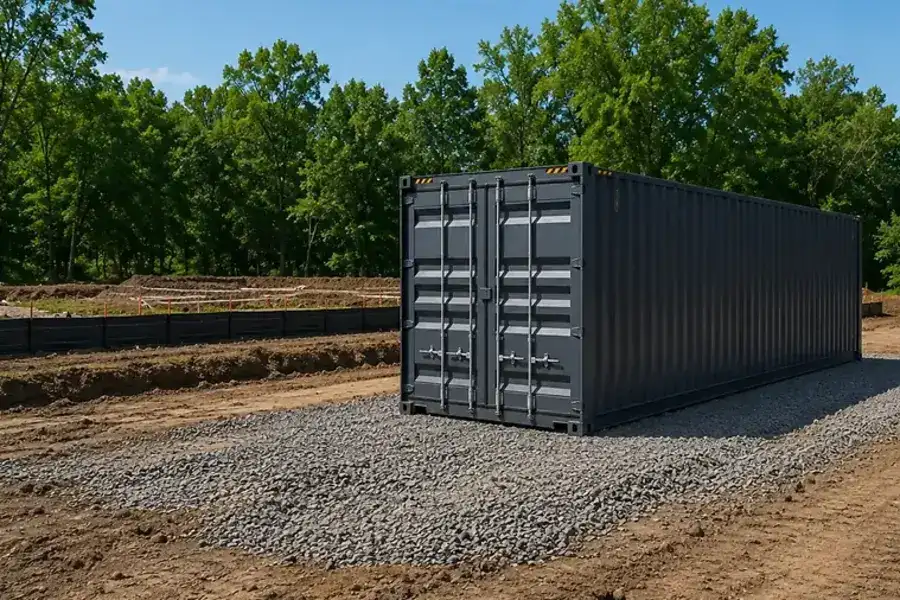 A highly realistic, wide-angle photograph of a properly prepared shipping container installation site on a sunny day. The ground is dry, level, and compacted with a clean gravel foundation.