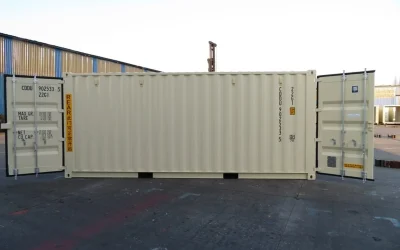 A beige double door container is shown with its doors open at both ends, showcasing its easy access design.