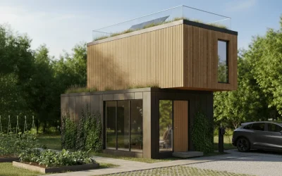 A realistic rendering of a modern, eco-friendly modular housing complex, showing multi-story buildings made from wood and metal modules with green roofs and solar panels.