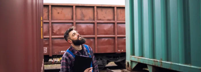 A worker inspects a container to find the right shipping container size.