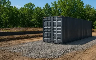 A highly realistic, wide-angle photograph of a properly prepared shipping container installation site on a sunny day. The ground is dry, level, and compacted with a clean gravel foundation.